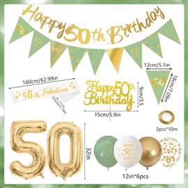 Yontree 50th Birthday Decorations,Sage Green Gold White 50th Birthday Banners Balloons Cake Topper Sash Bunting Flags Number Helium Balloons for Men Women 50th Party Decor