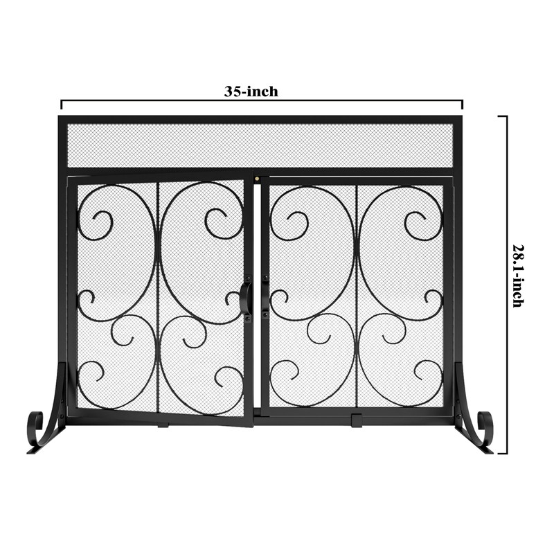 Calidola Flat Fireplace Screen with Doors, Wrought Iron Frame with
