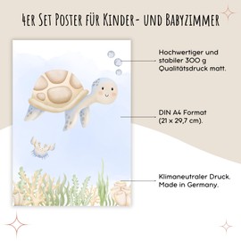 møij Pictures for Baby Room, Children's Room, Set of 4, A4 Posters without Picture Frame, Sea Creatures, Blue, Decoration for Girls and Boys