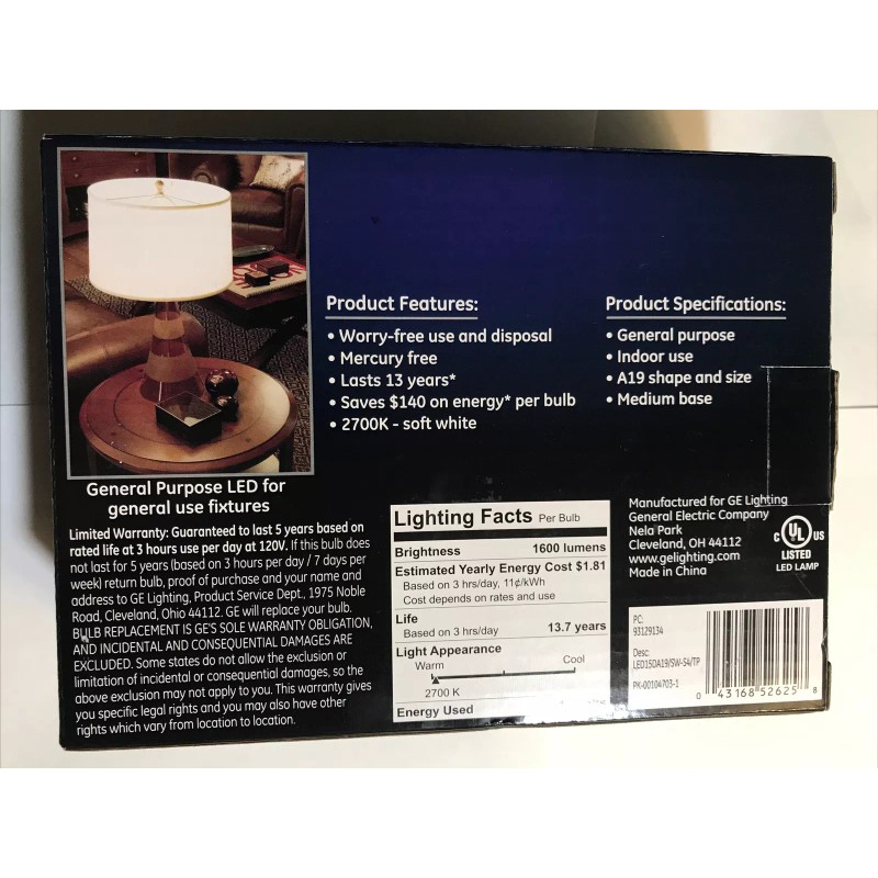 GE 100W=15W Replacement LED Light Bulbs General Purpose A19 (