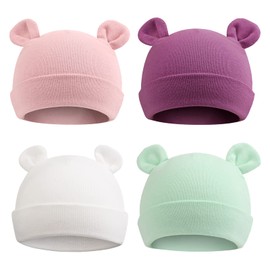 PEECABE Cotton Newborn Hospital Baby Hats 0-6 Months Infant Boy Girl Beanie Bear Ear Hat Set (White+Skin Pink+Green+Dark Purple,0-6 Months)