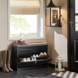 Haotian FSR82-L-SCH, Black Hallway Shoe Bench, Modern Design Shoe Rack, Slim Shoe Cabinet with Flip-Drawer and Padded Seat Cushion