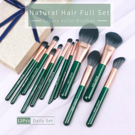 Natural Fibre and Goat Hair Make Up Brush Set Professional, Combined Hair Make Up Brush Set with Handbag by Luxury Enzo Ken, Green Cosmetic Brush Make Up Set, Natural Make Up Brush. Moyu