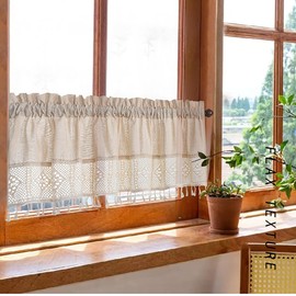 Molaxhome Linen Valances for Windows,Boho Tassel Kitchen Valances for Windows,Country Rustic Window Treatments Tier Curtain for Bathroom Bedroom Decors Farmhouse (Beige, 132 x 46 cm)
