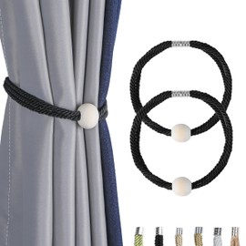 BEL AVENIR Jute Magnetic Curtain Tiebacks, Wood Bead Curtain Holdbacks for Window Drapery, Boho Farmhouse Curtain Tie Backs, Woven Curtain Ties Holder Rope Home Decor (2, Black)