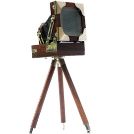 Vintage Film Camera Decor with Wooden Tripod – Hollywood Studio Style Prop in Brown | Antique Projector Collectible for Home Office Display & Video Shoots