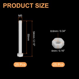 uxcell 25 Pair Nylon Screws Nuts Assortment, M5x50mm Hex Screws Bolts and M5 Hex Nuts for Machinery Electronics Industrial Accessories, White