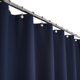 Extra-Long Waffle Weave Shower Curtain 71 Inch W x 96 Inch H - Hotel Luxury Spa, 230 GSM Heavy Weighted Fabric, Water Repellent, Navy Blue, 71x96