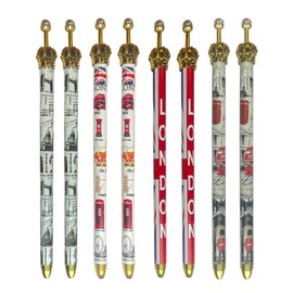 LILAJ Set of 8 Pens with Golden Crown and White Clickable Pearl – Featuring Royal Guard, Red Telephone Box, Union Jack, Red Bus – Iconic London Landmarks Gift – Perfect Collectible British Souvenir