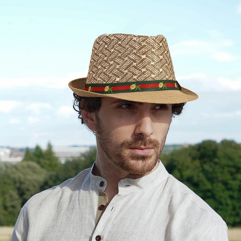 Initlove Straw Fedora Hat for Men Short Brimmed Panama Trilby