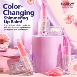 Blossom Lip Gloss Moisturizing pH Lip Balm, Strawberry Scented Color Changing Shimmering Lip Stain Tint, Infused with Real Flowers, 3g, Sunset