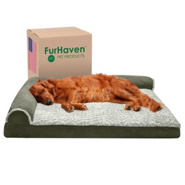 Furhaven Memory Foam Dog Bed for Large Dogs w/ Removable Bolsters & Washable Cover, For Dogs Up to 95 lbs - Two-Tone Plush Faux Fur & Suede L Shaped Chaise - Dark Sage, Jumbo/XL