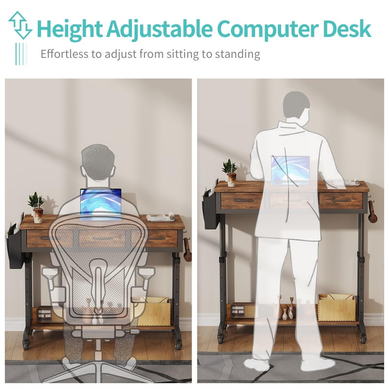 Rolling Standing Desk Adjustable Height with Drawers on Wheels, 40