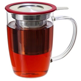 Prime Tea - Glass Teacup with Tea Infuser, 16oz / 470 ml, Hand Blown, Single Wall, Heat Resistance Borosilicate Glass Teacups for Blooming & Loose Leaf Tea, Microwave & Dishwasher Safe (Red)