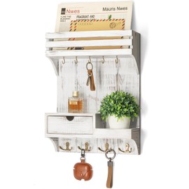 Rebee Vision Farmhouse Key Holder Wall Mount with Mini Drawer Organizer - Decorative Mail Organizer with 9 Key Hooks & Shelf - Ideal Apartment Essentials for Home Decor (Whitewash)