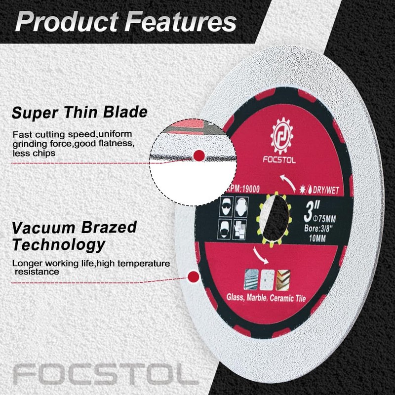 FOCSTOL Diamond Glass Cutting Disc - 3pcs 3''(75mm) Diamond Saw