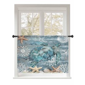 Turtle Sheer Chiffon Curtain Nautical Ocean Coral Starfish Voile Window Drape for Bedroom 45 Inch Long,Single Panel Semi-Sheer Light Filtering Summer Coastal Window Treatment for Living Room, Nursery