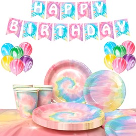 Tie Dye Birthday Party Supplies, Tie Dye Tableware & Decorations Set - Tie Dye Plates and Napkins Cups & Rainbow Table Cloth & Tie Dye Birthday Banner Balloons etc Rainbow Tie Dye Party Supplies