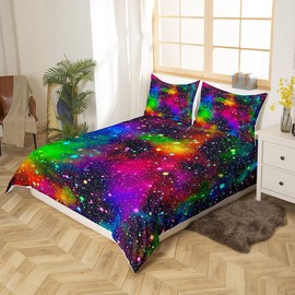 Colorful Galaxy Bedding Set Muilt Color Outer Space Duvet Cover Universe Starry Sky Rainbow Nebula Comforter Cover Kids Boys Girls Quilt Cover Bedroom Collection 2Pcs Single Size