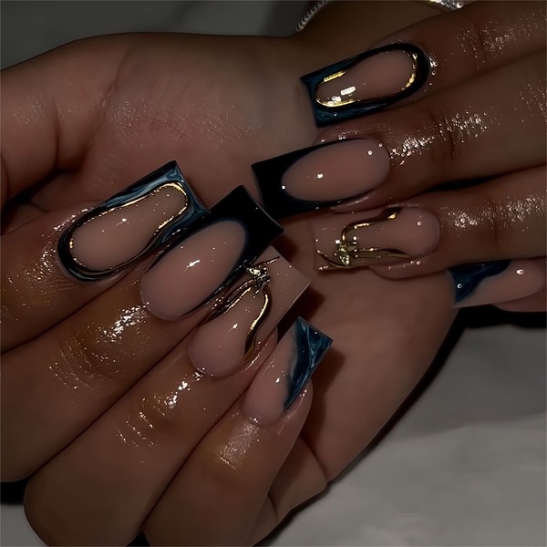 Rilafuvu Blue French Tip Press on Nails Long Square Fake