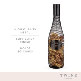 Twine Wine Bottle Cork Holder Metal Decorative Wine Cork Collection Storage, Rustic Black Finish, Black, Holds 60 Corks, Set of 1