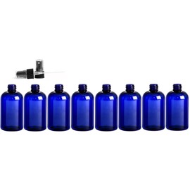 Premium Essential Oil 4 Ounce Boston Round Bottles, PET Plastic Empty Refillable BPA-Free, with Black Ribbed Fine Mist Pump Spray Caps (Pack of 8) (Blue)