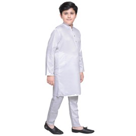 Desi Sarees Boys Plain Soft Blended Cotton White Kurta With Trouser Pajama Shalwar Kameez 999 (UK, Age, 7 Years, Regular, White)