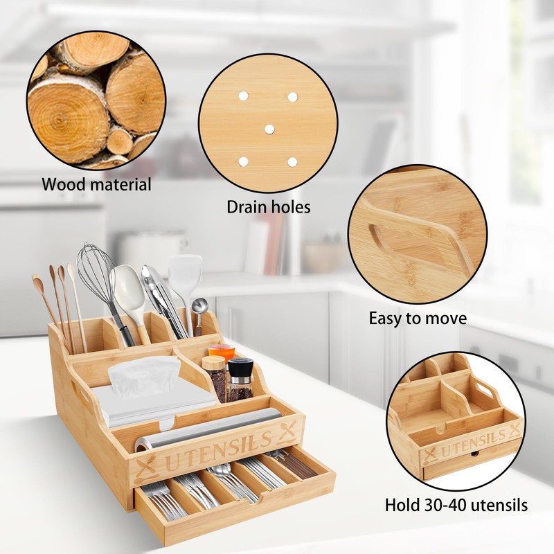 Kitchen Utensil Holder with Drawer, Farmhouse Spatula Organizer for Countertop,Large