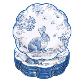 FYSUIMU 40Pcs Easter Scalloped Paper Plates Blue Floral Bunny Disposable Plates 9 Inch Rabbit Flower Dinner Plates for Spring Baby Shower Birthday Party Supplies