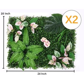 KAMEIOU 16 x 24 Inch Artificial Green Plant Wall Panel with Grass Flower Boxwood Hedge Wall Outdoor Artificial Privacy Fence Screen Fake Flower Grass Fence Panels Wall Decor for Outdoor Indoor（2 Pcs）