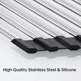 Tomorotec Foldable Stainless Steel Triangle Roll-Up Dish Drying Rack for Small Sink Corners - Over-The-Sink Multipurpose Kitchen Drainer, Rustproof Organizer, Trivet and Shelf - Space-Saving (Black)