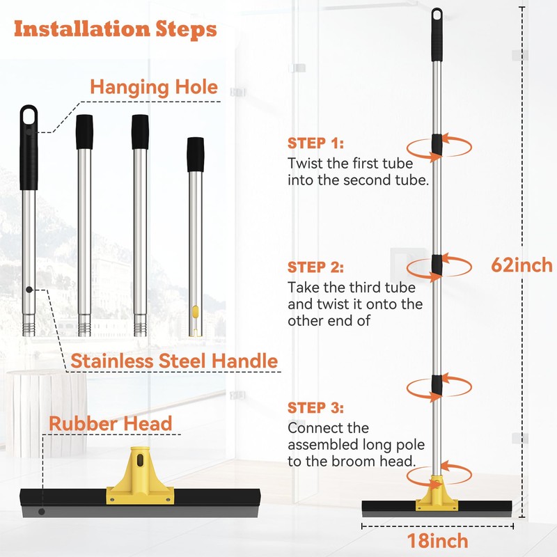 Large Heavy-Duty Floor Squeegee, 18” Rubber Blade Broom & 62”
