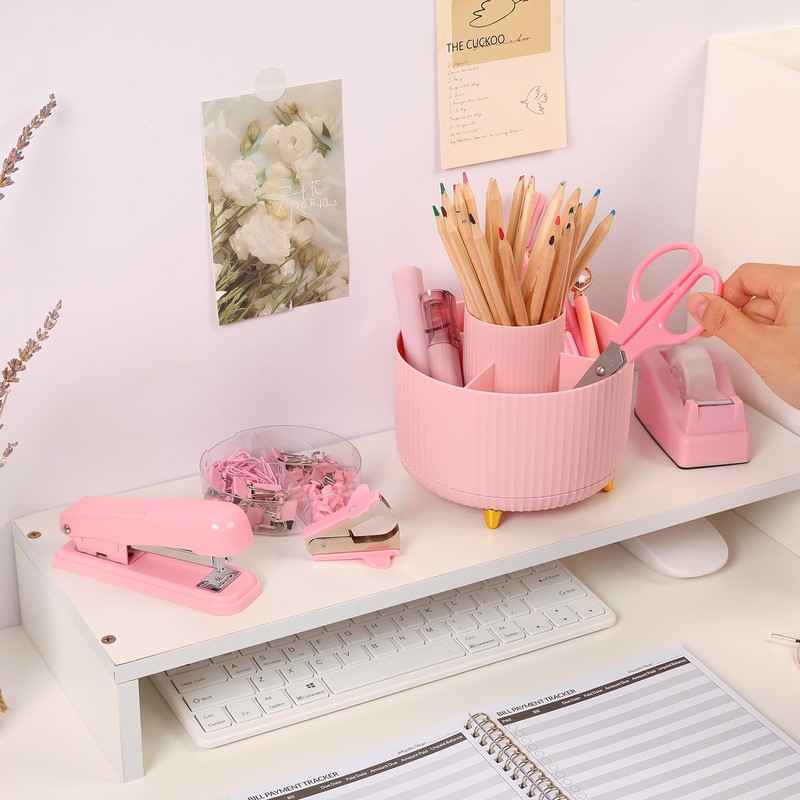 SKYDUE Pink Desk Accessories 10Pcs, Rotating Pen Holder for Desk,