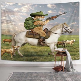 DYNH Funny Animals Tapestry, Cat Cowboy with Rifle Rides A Horse on Green Grass Ranch Cow Dog Wall Tapestry Hanging for Bedroom Living Room Dorm TV Background, 40X30IN