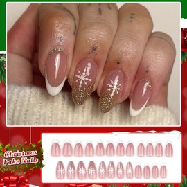 Ceboic Christmas False Nails - 24Pcs Press on Nails Almond Medium - Glossy Nude Pink Fake Nails with White Snowflake - Full Cover Acrylic Xmas Stick on Nails for Women Girls Holiday Nail Decoration