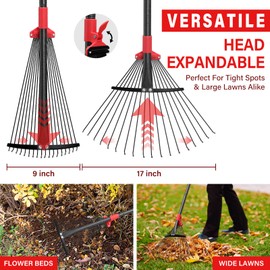 Rake for Leaves - Metal Leaf Rake for Lawn & Narrow Beds with Expandable Head 9-17", 75" Adjustable Long Handle for Children Adults No Pain Gardening, Portable Camping Rakes, Threaded Quick Install