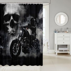 Homewish Black Motorcycle Rider Shower Curtain Gray Skull and Mist Decor Bath Curtain Extreme Sport for Boys Teens Men Microfiber Waterproof Fabric with Hooks for Stalls Bathroom, 72Wx72L inch