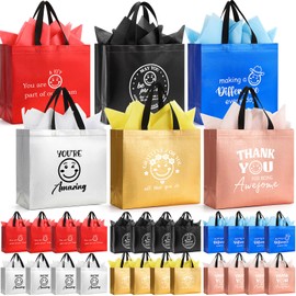 Sunnymove 24 Pcs Thank You Gift Bag with Tissue Paper Bulk, 13 x 11 x 4.7 Inch Reusable Employee Appreciation Gift Bags Non-woven with Handle for Teacher Staff Volunteer Coworker(Colorful)