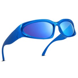 COASION Wrap Around Fashion Sunglasses Oval Dark Vintage Sun Glasses for Men Women Outdoor Sport Shades UV400 Eyeglasses (Dark Blue/Blue Mirrored)