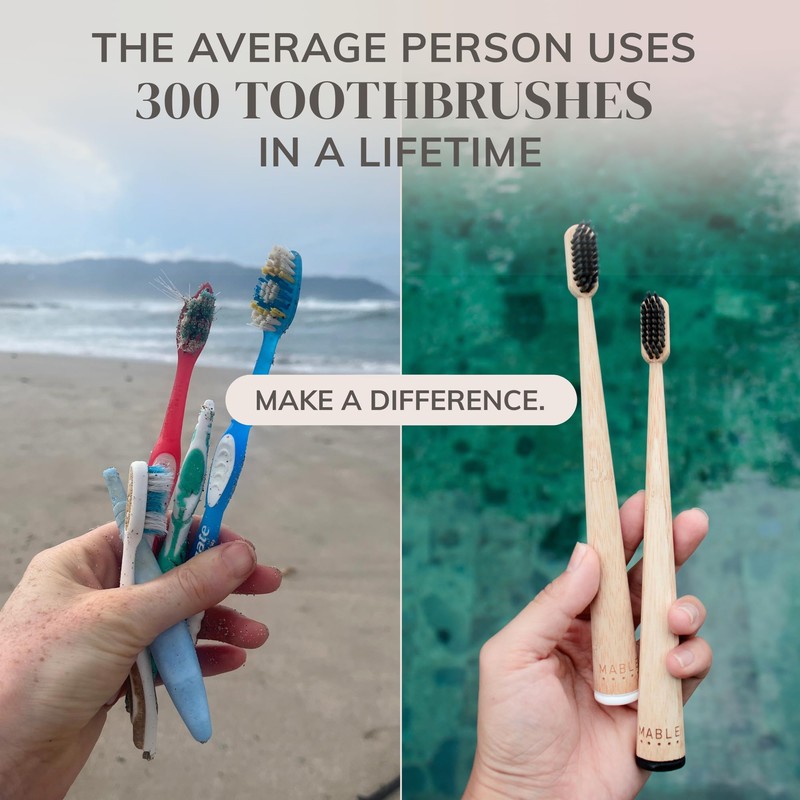 MABLE Two Pack Bamboo Toothbrush for Adult | Charcoal Infused