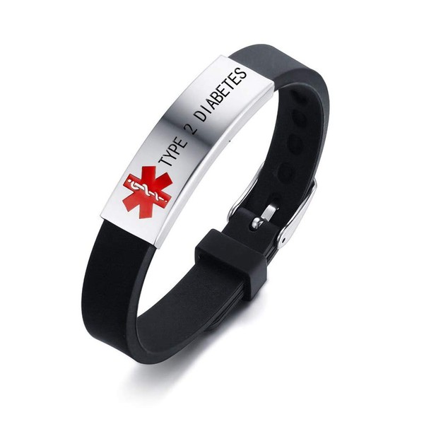 HEABY Medical Alert ID Bracelet Laser Engraved Type 2 Diabetes Adjustable Wristband for Men Women Emergency First Aid