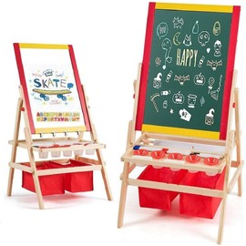 Costzon 3 in 1 Kids Art Easel with Paper Roll, Double Sided Adjustable Chalkboard & White Dry Erase with 4 Drawing Board Clips, Storage Bins, 26 English Alphabet Tiles for Toddlers (Red)
