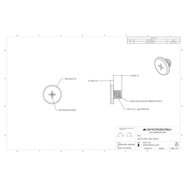 M2-0.40 X 2MM Machine Screw With Thread Lock Nickel Plated