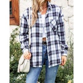 Wanzetaly Womens 2024 Fashion Oversized Flannel Plaid Button Down Long Sleeve Shirts Fashion White Brown Blouse(0085-WhiteBrown-M)