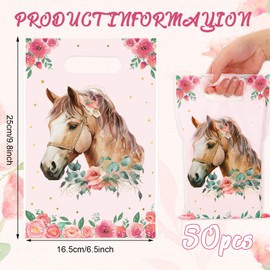 JarThenaAMCS 50Pcs Horse Floral Party Favor Bags Pink Flower Horse Treat Gift Bags with Handles Plastic Candy Goodie Bags for Cowgirl Birthday Baby Shower