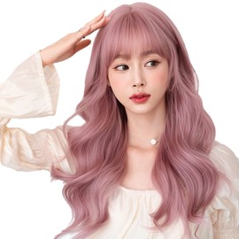 Pink Long Wig, Pink Full Wig, Waves, Curly Hair, Semi-Long Wig, Lolita Cosplay, Wig, Bangs, Women's Wig, Small Face Effect, Net Included