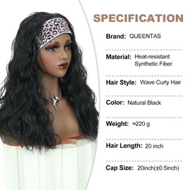 QUEENTAS 20" Wavy Headband Wig for Black Women Loose Body Wave Synthetic Headbands Wigs Glueless Wear and Go Beginner Friendly Curly Head Band Wigs(Natural Black)