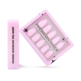 Pink Press on Nails Medium Almond Fake Nails with Design Light Glue on Nails Full Cover Spring Nails Glossy Reusable 30pcs -15Sizes Solid Pink False Nails for Women Girls Manicure