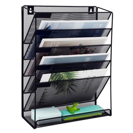 EASEPRES 6 Tier Mesh Hanging Wall File Organizer, Desk Mail Paper Document Folder Holder, Clipboard Storage Organization Magazine Rack with Bottom Tray and Nametag Label for Office Home School, Black
