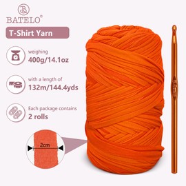 BATELO 2 Pack T-Shirt Yarn Crochet Yarn for Beginner Crochet Bags/Basket/Coaster,Tshirt Yarn 400g/144yds High Elastic Thick Yarn Polyester Fabric（Yellow）